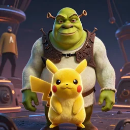 portrait of Shrek dressing up as Pikachu, rule of thirds, captivating glowing lights, Star Trek setting, on Cyberpunk Mars, photo realistic by Yaşar VURDEM , artstation, unreal engine, character concept art by Moebius, high quality printing