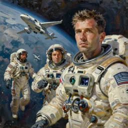 dramatic cinematic shot, ultra wide shot, space pilots, oil painting by jama jurabaev, extremely detailed, brush hard, artstation, for aaa game, high quality, brush stroke