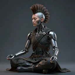 meditating monk with mohawk and cybernetic enhancements, scifi character portrait by greg rutkowski, craig mullins, cinematic lighting, dystopian scifi outfit, profile picture, mechanical, cyborg, half robot ultra realistic 8 k resolution.