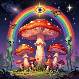 psychedelic mushrooms, enchanted alien world, mushrooms on the ground, aliens, galaxy in the sky, butterflies, occult, illuminati, third eye, rainbows, bright colors, psychedelic, vector art, awesome, fanart, dripping, fantasy poster by helen huang and frank frazetta and salvador dali and norman rockwell, anime style