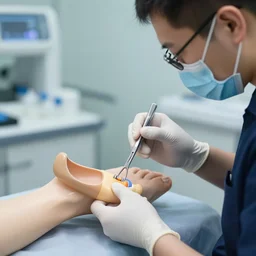 orthopedic instrument maker making a prosthese for a client, very photorealistic, professional photography