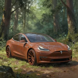 rusty tesla in the forest, painting by craig mullins, octane rendering, soft morning lighting, wide angle lens, in the style of hayao miyazaki, trending on artstation,