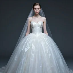 an early 0 0's aesthetic digital portrait of a futuristic beautiful russian girl detailed features wearing a latex wedding dress with a puffy skirt designed by balenciaga and issey miyake by ichiro tanida and armin vit