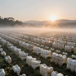 a sprawling landscape of rows of teeth, fantasy, morning mist, sun rising