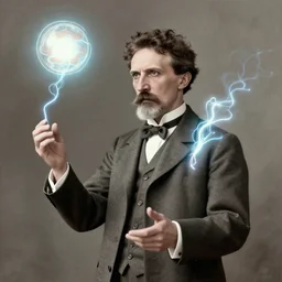 nikola tesla, juggling glowing balls of electricity, digital art by grant wood