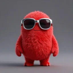 3 d render of completely red hairy friendly antropomorphic creature wearing chrome shades, no nose, small smile, full body, standing on 2 feet, in the style of pixar, white background, unreal engine 5, octane render, highly detailed hdr