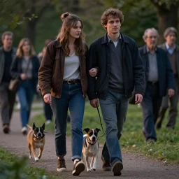 a cinematic extreme close - up of a young couple and a dog walking in the park, evening, highly detailed matte painting, telephoto lens 2 0 0 mm, by stanley artgerm lau, greg rutkowski, thomas kinkade, alphonse mucha, loish, norman rockwell, artstation