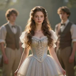 catchlight faded soft oil paint a beautiful bombshell brunette innocent gentle princess wearing frilly dress in fairytale gauche by nikolay makovsky, coby whitmore,, and charlie bowater. octane render 4 k cinematic