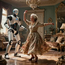 VFX movie of old woman dancing with futuristic robot in a decadent living room by Emmanuel Lubezki