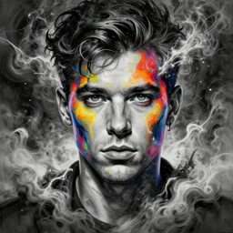 Martin Garrix , colorful painting on grey scale face, powerful , magic, thunders, dramatic lighting, intricate, wild, highly detailed, digital painting, artstation, concept art, smooth, sharp focus, illustration, art by artgerm and greg rutkowski and alphonse mucha, footage