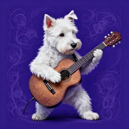 a white terrier dog playing a guitar solo style of beksinski, intricate composition, magentaby caravaggio, highly quality, highly detailed, masterpiece, blue light, artstation