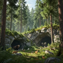 beautiful render of a forest world, unreal engine, first light, pine trees, tall firs, rocky slopes, hidden caverns, bear, wolf, deer, fox, rabbits, birds, soft light, by greg rutkowski, cgsociety