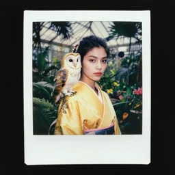 head to shoulder grainy portrait Polaroid film photograph of an elegant top model wearing a yellow kimono with a very detailed barn owl on her shoulder!!! in a tropical greenhouse. looking at the camera!!. super resolution. Polaroid 600 film. art by Alessio albi and  john william waterhouse and John Singer Sargent and greg rutkowski