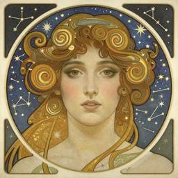 realistic detailed face portrait of a beautiful Goddess of Midnight surrounded by constellations by Alphonse Mucha, Greg Hildebrandt, and Mark Brooks, gilded details, spirals, Neo-Gothic, gothic, Art Nouveau, ornate medieval religious icon