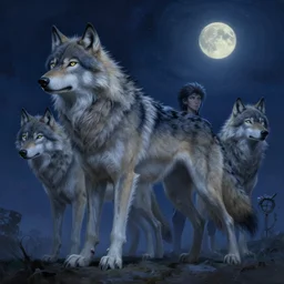 concept art of anthropomorphized wolf night sky themed, highly detailed painting by dustin nguyen, akihiko yoshida, greg tocchini, 4 k, trending on artstation, 8 k