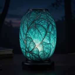 turquoise leaves kintsugi lamp product design, twilight, eerie, dark colors, 8 k hd, very detailed, high quality