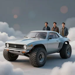 weird concept design of a classic car converted into offroad sport. car design by cory loftis, fenghua zhong, ryohei hase, ismail inceoglu and ruan jia. len blur background bokeh. art by artgerm and filip hodas. clouds by rhads. 3 d render, surrealism, hyperrealism.