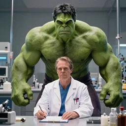 movie still of the hulk in a laboratory, hulk wearing doctor clothing, 4 k photo