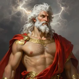 painted portrait of rugged zeus, god of thunder, greek god, white hair, masculine, mature, handsome, nipples, upper body, red and gold, muscular, hairy torso, fantasy, intricate, elegant, highly detailed, digital painting, artstation, concept art, smooth, sharp focus, illustration, art by gaston bussiere and alphonse mucha