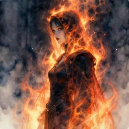 shadow priestess cloaked in ethereal fire and smoke looking away from camera, profile shot, hyperrealistic, subject in center of frame, neonpunk, watercolor portrait by rembrandt and kim jung gi, jan van eyck, artstation, deviantart