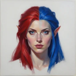 A detailed matte oil on canvas head on symmetrical portrait of a distinguished elven woman with vertically split mirrored red and blue hair on an empty background ,  by Charlie bowater and lise deharme wlop, trending on artstationhd,  dungeons and dragons art, critical role