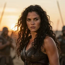 epic photo of muscular jessica biel as beautiful barbarian warrior princess with long curly black hair blowing in the wind in a battle scene, sweaty, detailed eyes, neutral expression, shallow depth of field, photorealistic, cinematic lighting, lovely bokeh, warm colours, sunset south, strong rim light, movie quality, willow 1 9 8 5, movie still