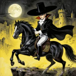 insanely detailed painting of benjamin netanyahu in riding a horse, vampire d style, anime, near cliff, wearing large black hat, castle in background, moon in background, black yellow white color palette, by yoshitaka amano