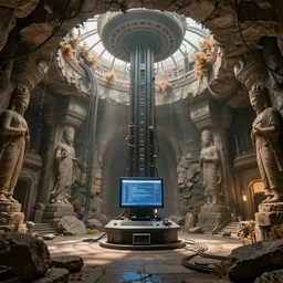 a gigantic round underground room with a computer terminal pillar in the center and cables running in the walls, ancient stones with dry foliage, intricate stone texture and giant statues, terminal screen with an entry menu, large shaded room with water dripping from the side and huge hallways going to all sides, artistic render, soft light rays