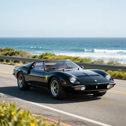 “an action photograph of a black 1972 Ferrari Daytona Spyder racing along the Pacific Coast Highway, ocean in the background”