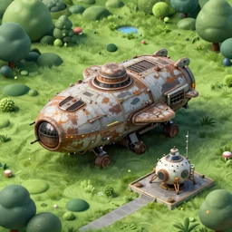a huge futuristic rusty old alien spaceship, next to it a smaller exploration ship on a landing pad, surrounded by a lush jungle, in the foreground two explorers are arguing and small animals! are walking around, golden hour, volumetric light, hyperdetailed, artstation, cgsociety, 8k