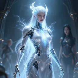 benevolent android necromancer, aura of light, artificial intelligence, scifi, futuristic, highly detailed, trending on artstation, lee ji - eun, advanced technology, art by vitaly bulgarov and nivanh chanthara and lance wilkinson