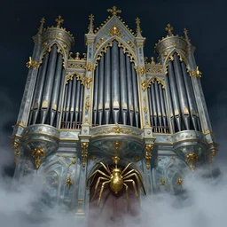 illustration of close low angle view of an ornate obsidian gothic pipe organ with gold spidery embellishments, night, smoke, ground fog, by peter mohrbacher, by alex andreev, by jacek yerka, by alan lee, large depth of field, super detailed, digital art, trending on artstation, ornate
