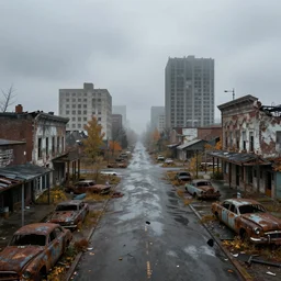 wide angle shot of dilapidated fallout 5 city in real life, desolate dilapidated town, empty streets, nightmarish, some rusted retro futuristic fallout style parked cars, overcast, blankets of fog pockets, rain, volumetric lighting, beautiful, daytime, autumn, sharp focus, ultra detailed, cgsociety