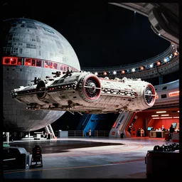 7 0 mm film still from star wars, massive spaceships in an imperial docking bay on the deathstar. interior set design, vibrant, high contrast, octane