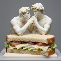 a sculpture of a smore sandwich eating a man, by michaelangelo