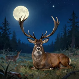 stars happy night grand deer wilderness stalking prey fields woodlands fantasy illustration sharp focus moonlit vista starlight painted ruan jia raymond swanland lawrence alma tadema zdzislaw beksinski norman rockwell tom lovell alex malveda greg staples