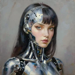 a ultradetailed beautiful portrait painting of a stylish female cyborg, chrome plated, oil painting, by hajime sorayama, greg rutkowski and makoto shinkai, trending on artstation