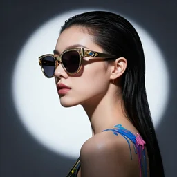 a cyberpunk goddess wearing ornate sunglasses, side portrait, striking, defiant, spotlight, paint drips, paint splatter, vibrant colors, beautiful eyes, by marco paludet and gianni strino and marion bolognesi