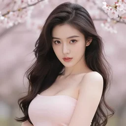 pin - up portrait of a beautiful young asian woman, pretty long hair, intense flirting, showing curves, symmetrical face, digital art, smooth, extremely detailed, model pose, intense look, dream, cherry blossoms, gorgeous young model, traditional beauty, perfect proportions, pretty, by wu bayard, by gil elvgren, by ralph horsley,