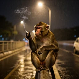 contre - jour photo of a monkey smoking a cigarette on a bridge at night under rain, lightened by street lamps, award winning photography