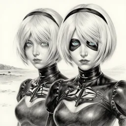pencil drawing of 2 b nier automata wearing a latex suit in a beach, beautiful piercing eyes, hyper realistic face, in the style of greg rutkowski, fantasy, amazing detail, epic, elegant, smooth