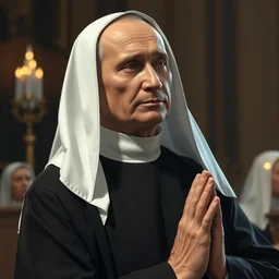 photorealistic 8 k image of putin as a nun praying for god