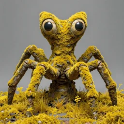 statue of a radial creature with 4 eyes and 8 legs with very yellow moss and yellow plants