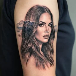 double exposure tattoo sketch of megan fox with beautiful mountain scenery, realism tattoo, in the style of brandon kidwell