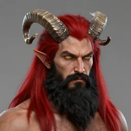 dnd render of a man, red, a big black beard, golden eyes, 2 curved horns, one broken horn,