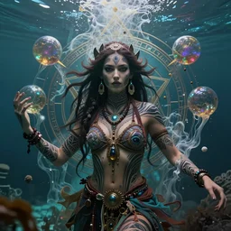 a centered render of a alluring festival hippies with tribal tattoos surrounded by a underwater ink pour and flowing liquid galium and sacred geometry, perfect body face and hands, powerful, cinematic, beautifully lit, by artgerm, by karol bak, by donato giancola, by boris vallejo, 3 d, trending on artstation, octane render, 8 k