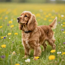 Cocker spaniel en un campo lleno de flores, foto realista, tendencia en artstation