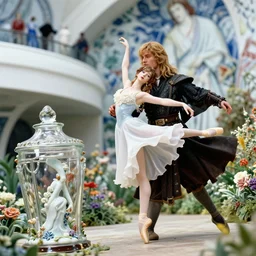 cinestill 5 0 d, 8 k, j. j abrams flare ; beautiful ultra realistic aragorn in kagemusha ( 1 9 9 1 ) film still garden dance scene in frontiers in porcelain photography fashion magazine june seinen manga portrait edition, hyperrealistic real - life holly herndon porcelain fairy figurine in victorian glass jar, pointe pose, eye contact, tilt shift wide shot zaha hadid background