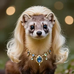 A photorealistic marten with jewels, a blonde wig and lots of makeup, bokeh