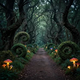 dirt path in the middle of an enchanted magical fantasy forest, twisting trees, spiralling bushes, spike - like branches, colorful glowing mushroom scattered, dark atmosphere, by andreas rocha and stephan martiniere